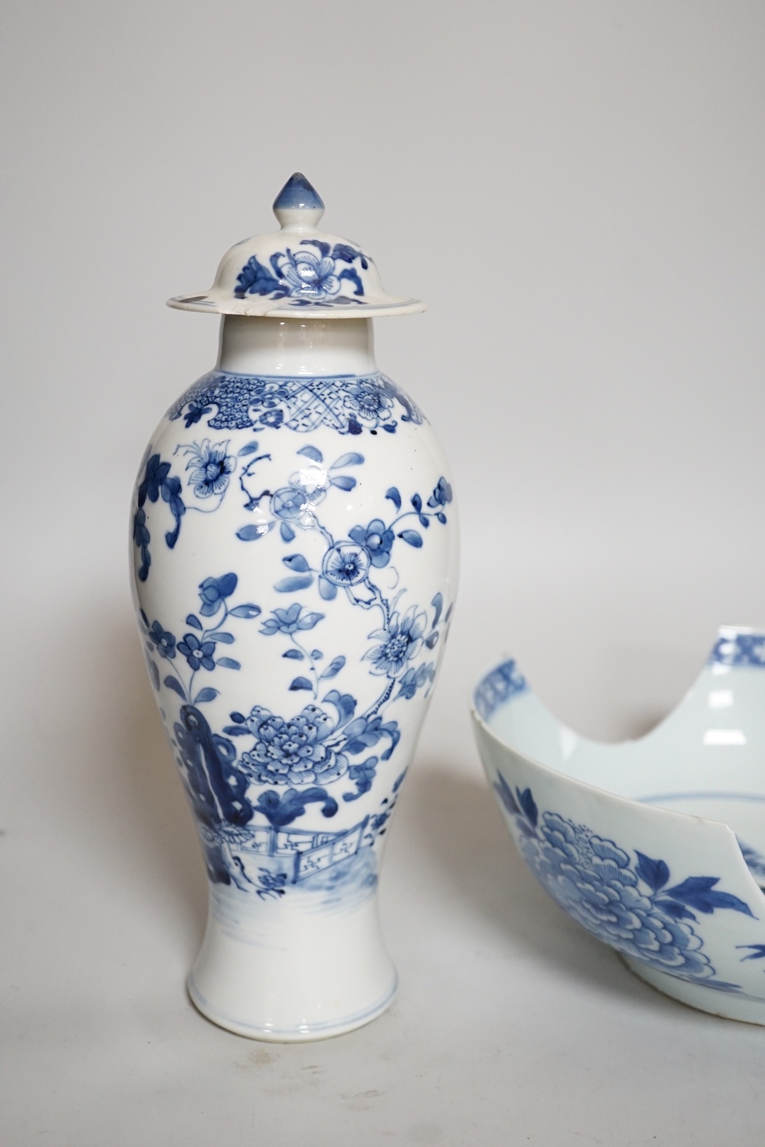 A Chinese blue and white bowl a/f and a similar vase, both Qianlong period, vase 28cm